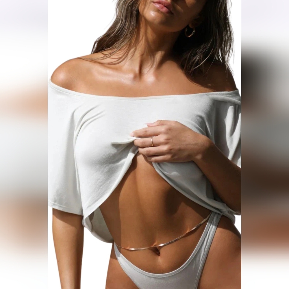 Joah Brown Off-Shoulder Crop Tee In Color Chalk | Sz S/M RARE Like New